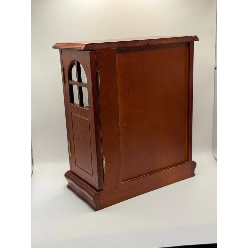 Vintage Wooden Jewelry Armoire Tabletop Chest 4 Drawers Etched Glass Carousel - Picture 10 of 16